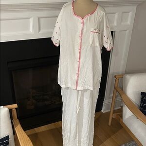 Vintage Nap White Cotton Knit Pajama Set with Pink Accents